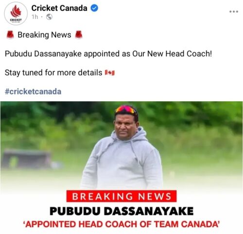 क्यानाडा नेपालले क्यानाडाको प्रशिक्षकमा नियुक्त भएको कुरा आफ्नो सामाजिक सञ्जामार्फत जानकारी दिएको 